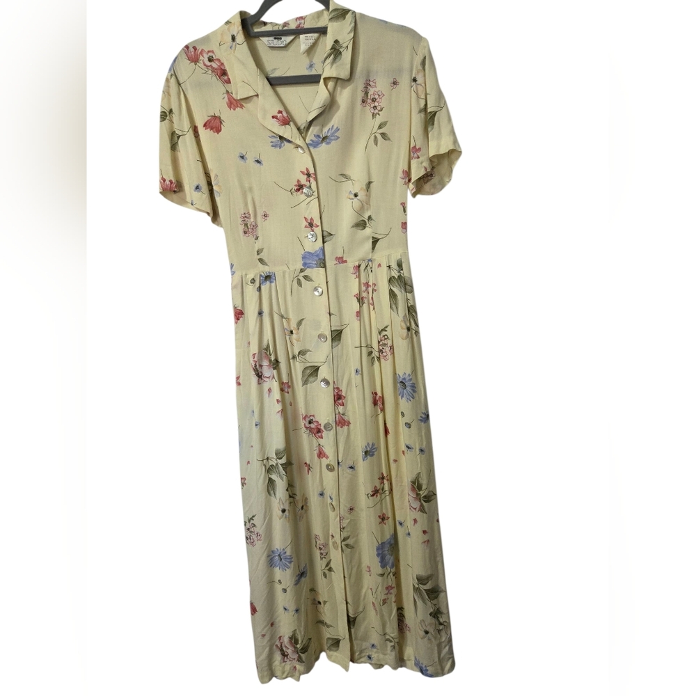 Vintage SGS Studio Sz10 Yellow Floral Button Shortsleeve Dress Rayon Cottagecore